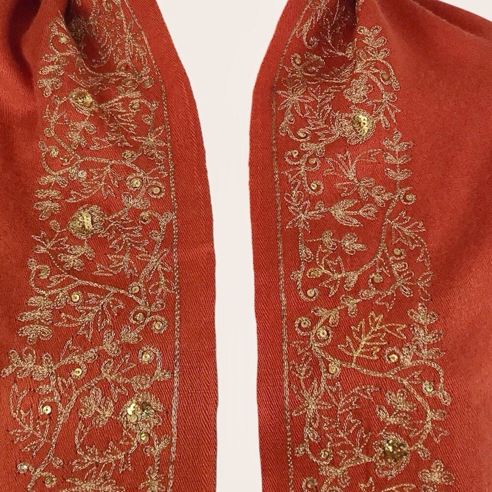 Pashmina Cashmere Blanket Scarf Wrap Orange Gold Embroidered Thread & Sequin - Picture 7 of 12